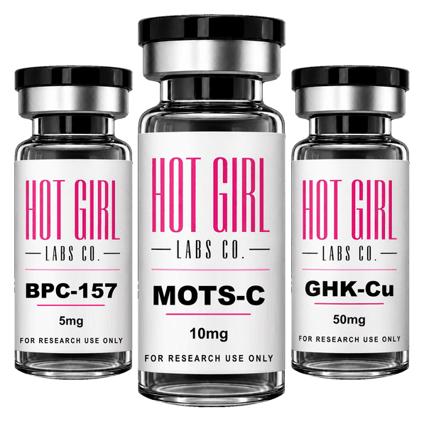 MOTS-C, BPC-157, and GHK-Cu Hot Girl Labs vials in a compact triangular formation